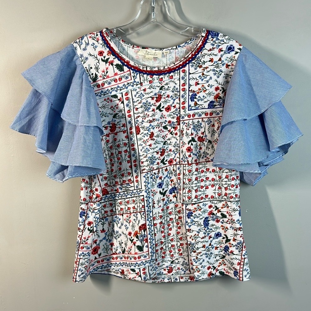 Anthropologie Let Me Be Floral Chambray Ruffle Flutter Sleeve Tee Blouse‎ Size S - Picture 5 of 14